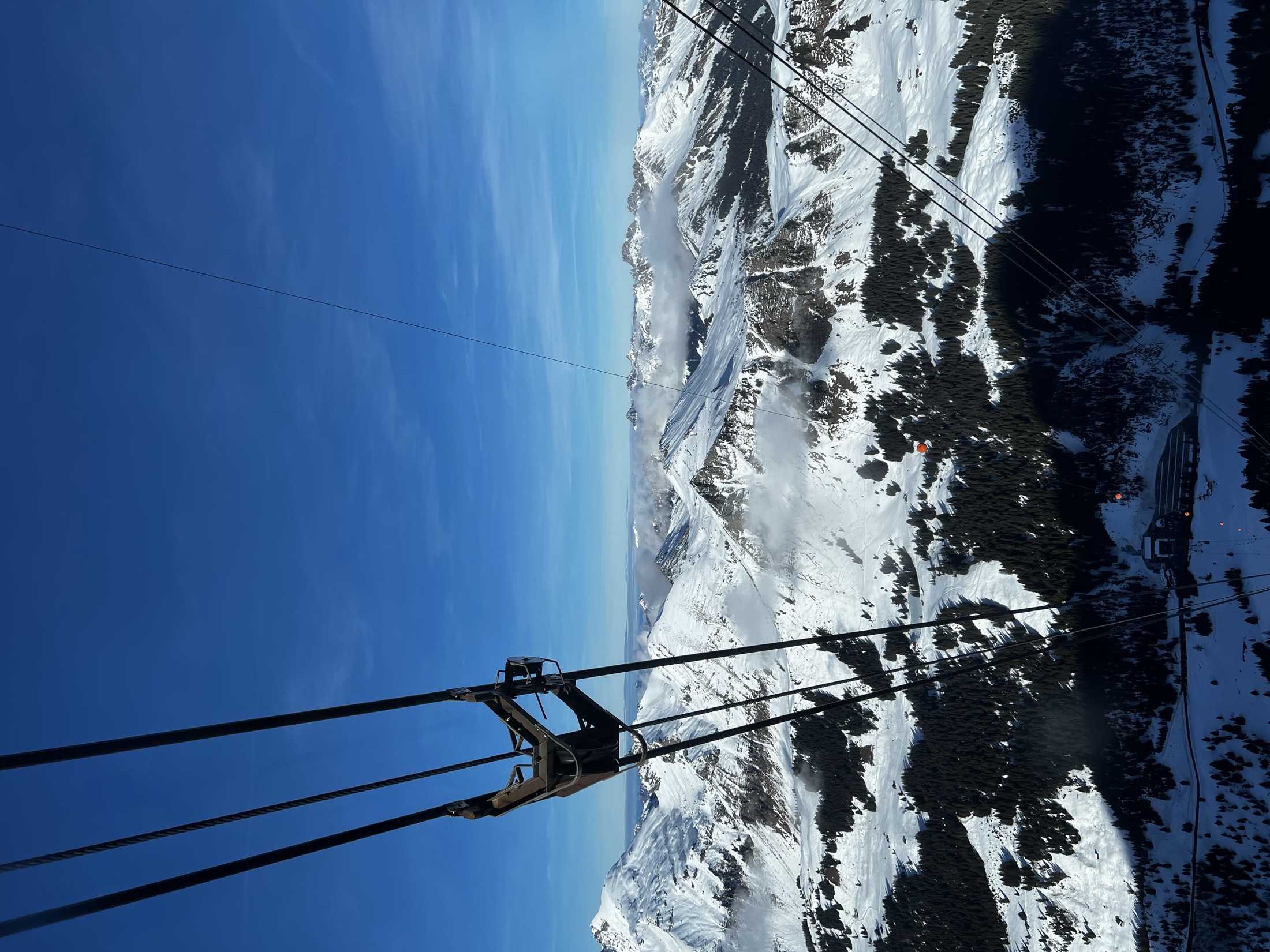 Cable car view over snowy Swiss alpine peaks