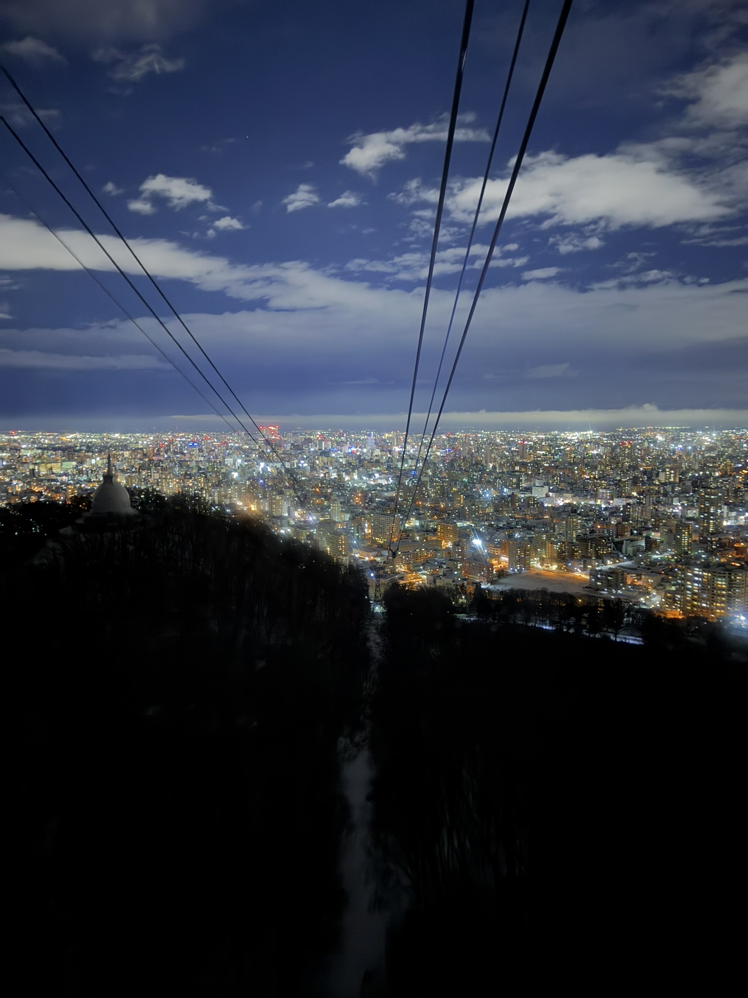 Night view over Sapporo from Mt. Moiwa with ropeway cables in the sky