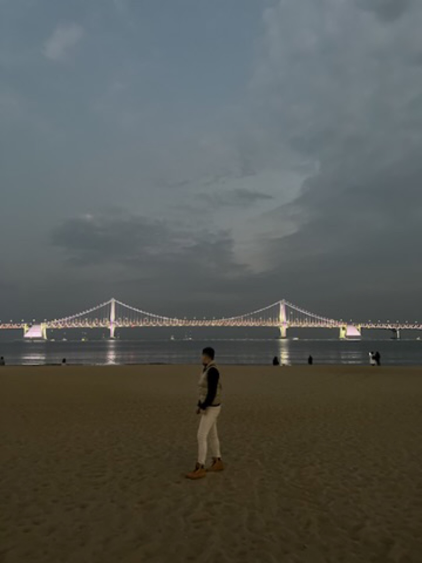 Busan Gwangan Bridge glowing over the water at dusk
