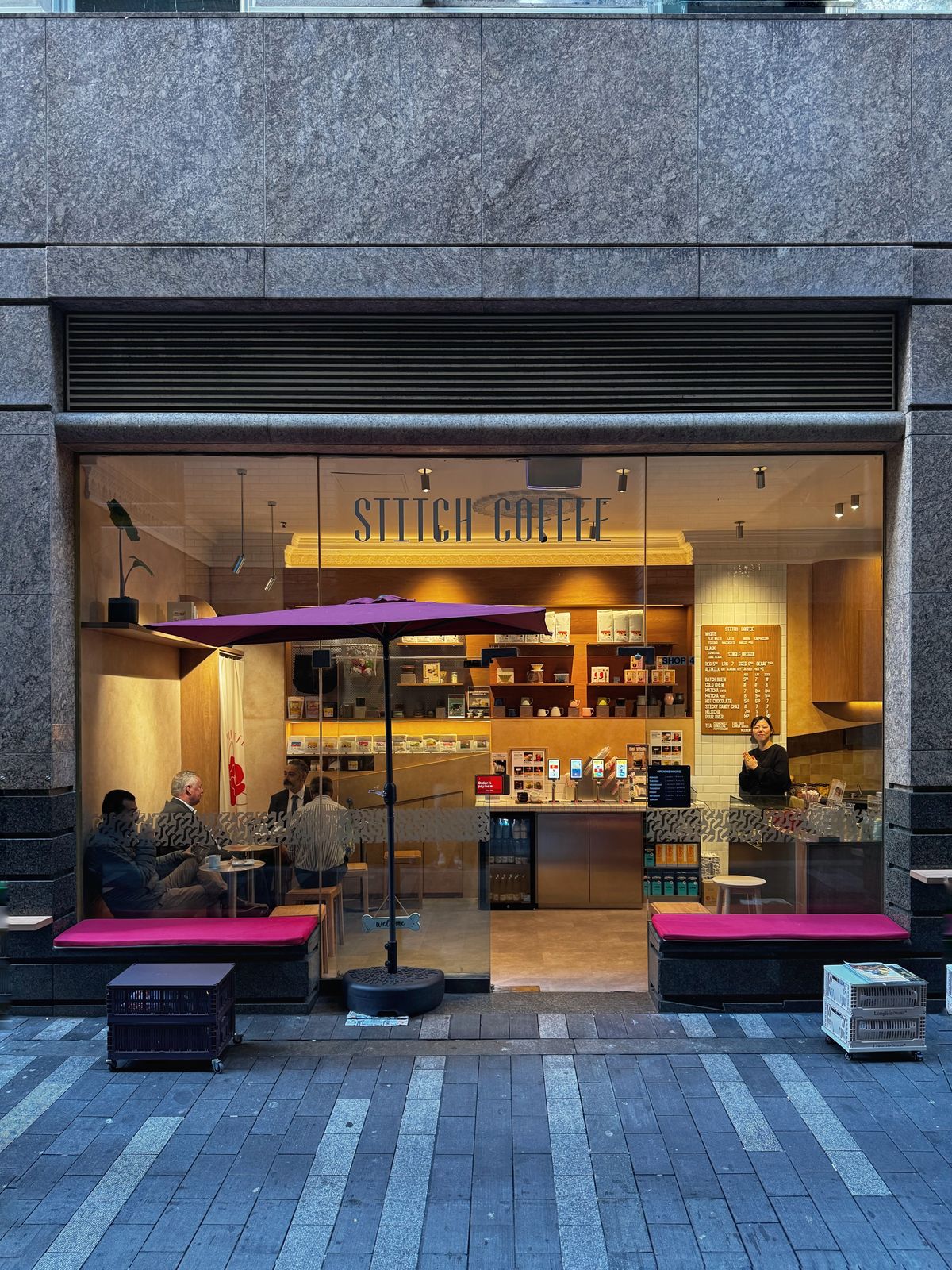 Stitch Coffee shopfront with pink bench seating outside