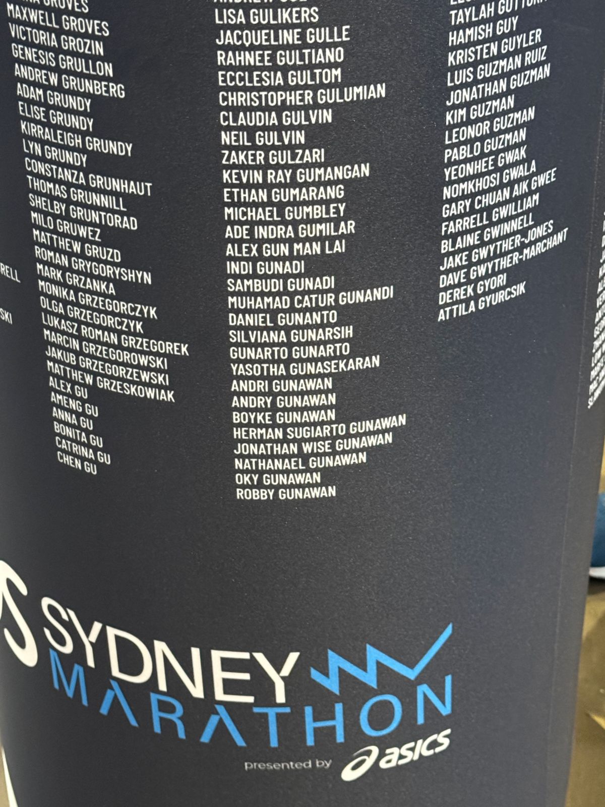 Sydney Marathon branded column printed with columns of participant names