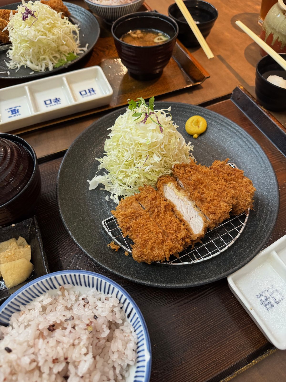 Tonkatsu set with shredded cabbage, rice, miso soup and pickles
