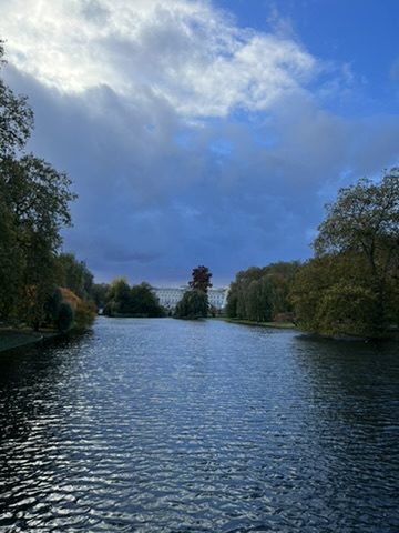 Quiet London park lake under blue sky